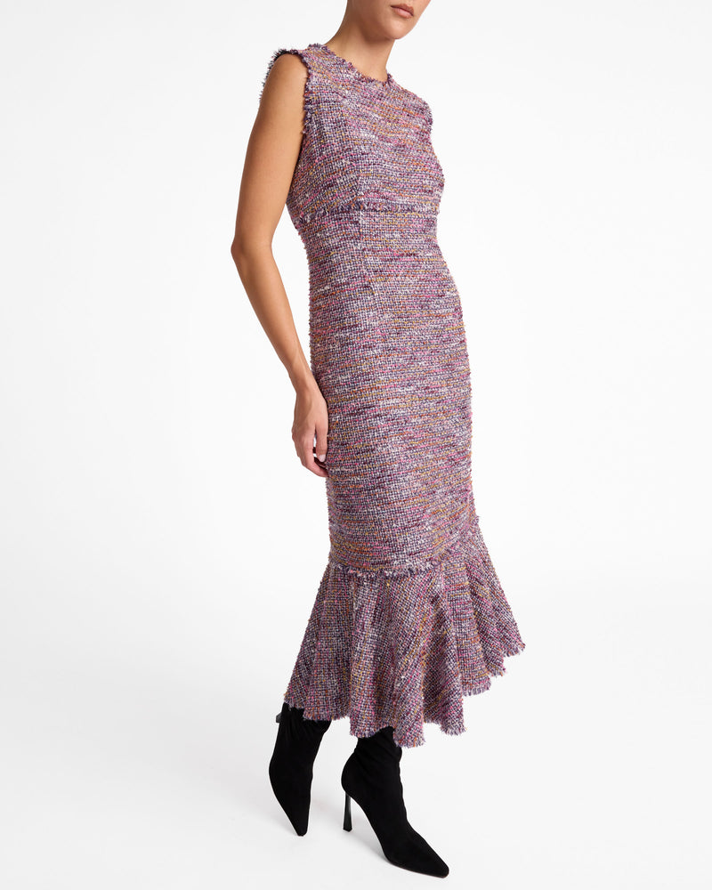 ANDI Sleeveless Tweed Midi Sheath Dress with Flared Skirt Panel