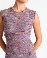 ANDI Sleeveless Tweed Midi Sheath Dress with Flared Skirt Panel