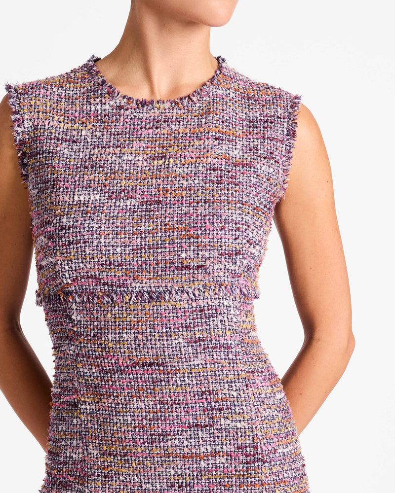 ANDI Sleeveless Tweed Midi Sheath Dress with Flared Skirt Panel