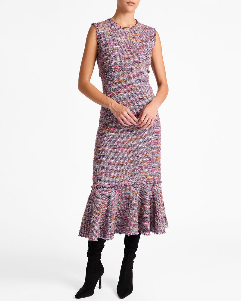 ANDI Sleeveless Tweed Midi Sheath Dress with Flared Skirt Panel