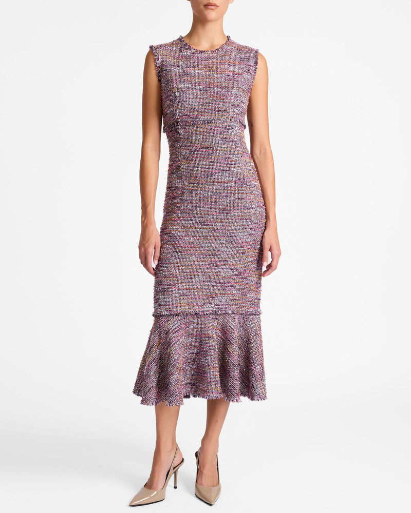 ANDI Sleeveless Tweed Midi Sheath Dress with Flared Skirt Panel