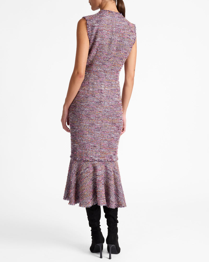 ANDI Sleeveless Tweed Midi Sheath Dress with Flared Skirt Panel