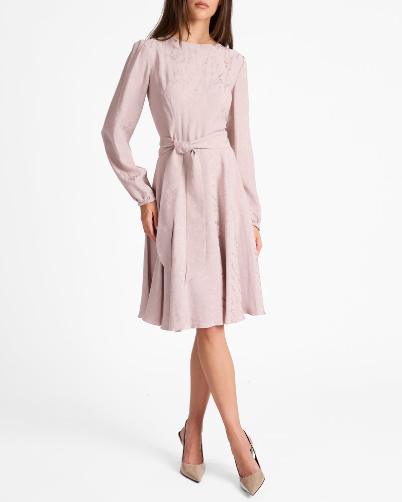 ROVELA Long Sleeve Fit and Flared Dress in Tonal Floral Jacquard
