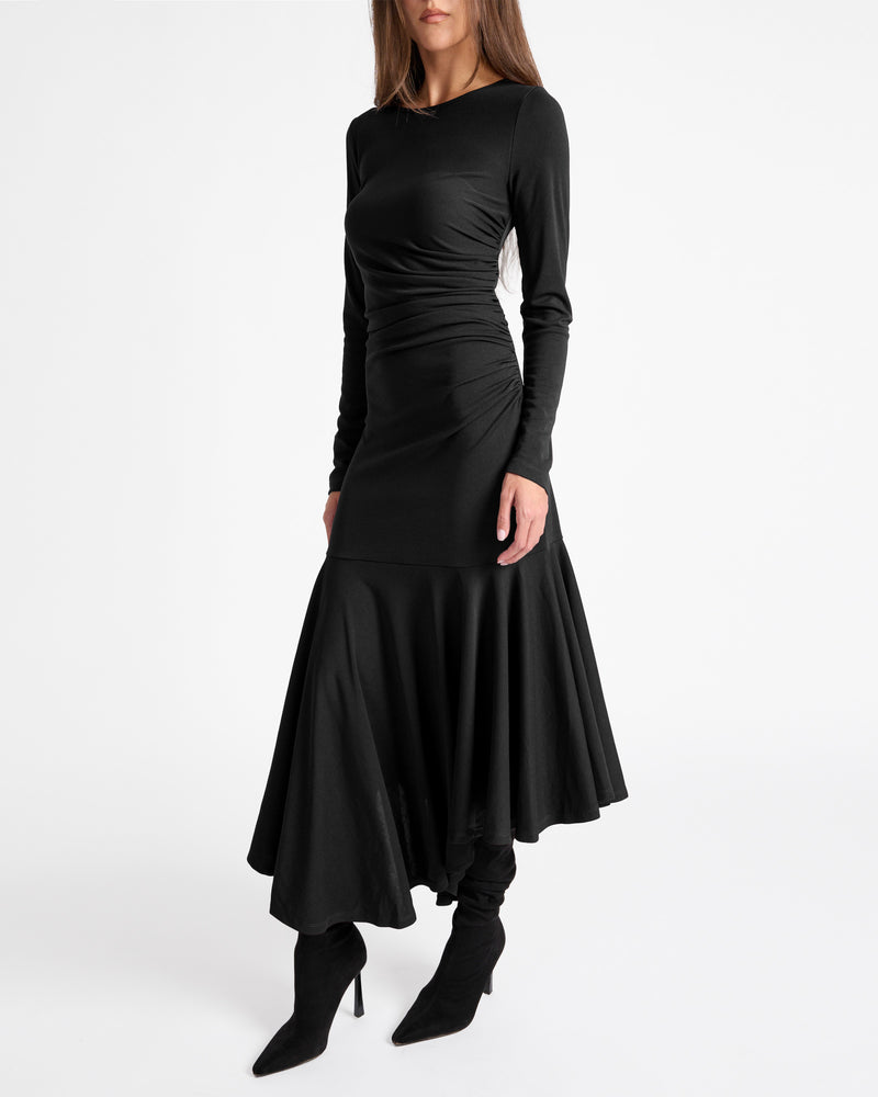 ABIGAIL Long Sleeve Hi Lo Dress with Side Ruching in Fluid Jersey
