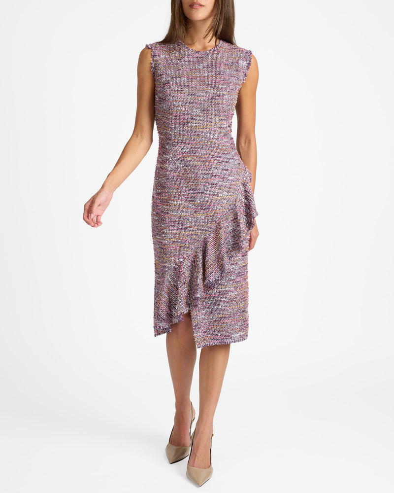 CAMI Sleeveless Sheath Dress with Skirt Ruffle in Luxury Tweed