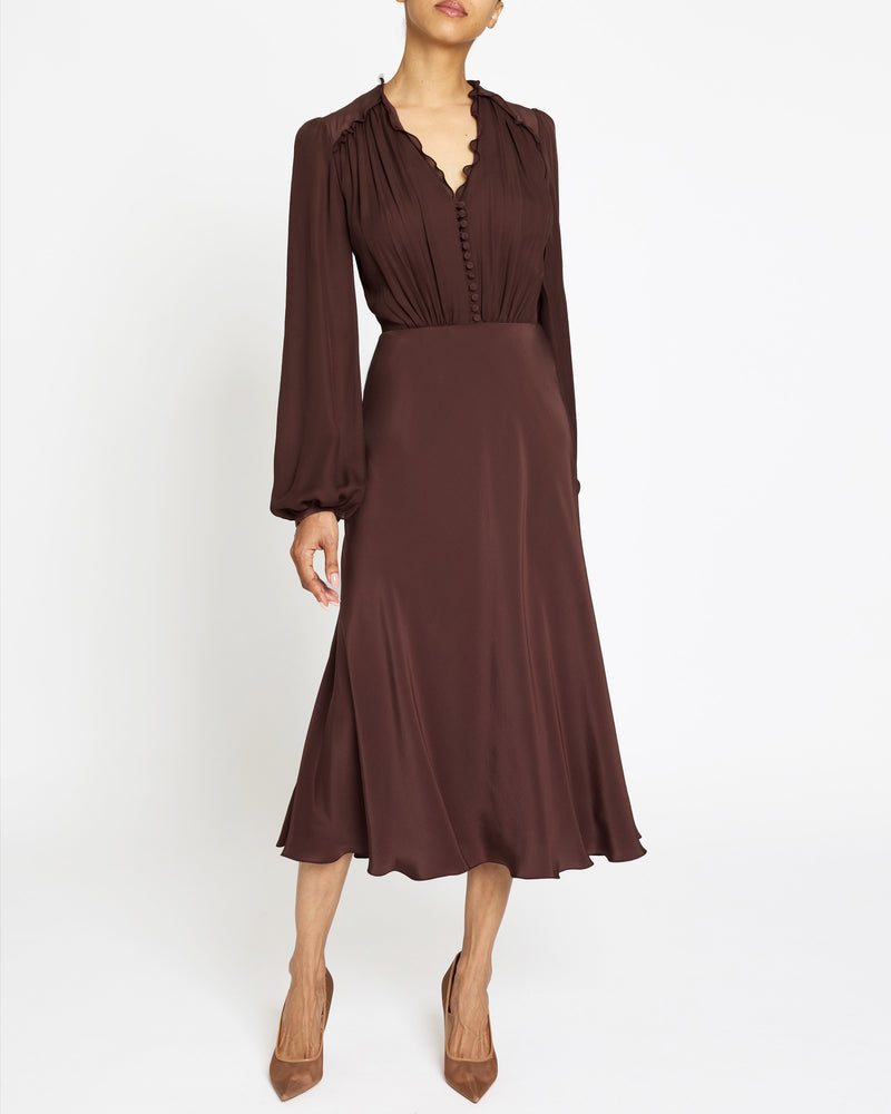 AMAL Silk Long Sleeve Fit and Flare Midi Dress