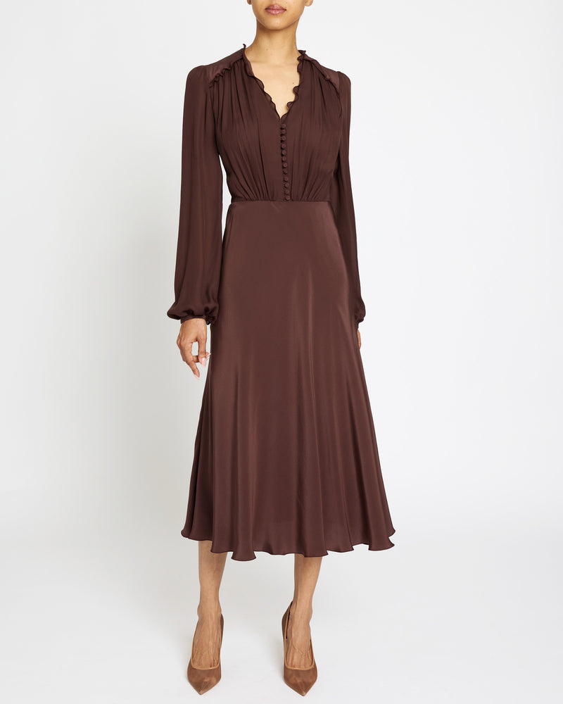 AMAL Silk Long Sleeve Fit and Flare Midi Dress