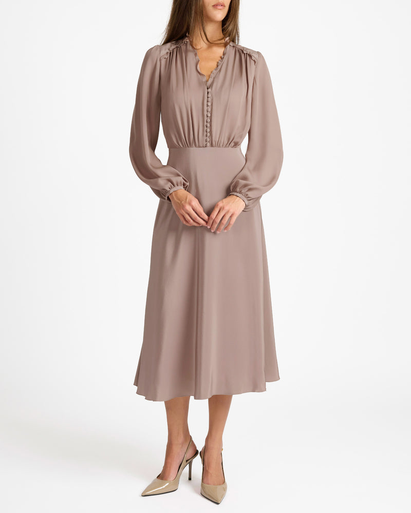 AMAL Silk Long Sleeve Fit and Flare Midi Dress