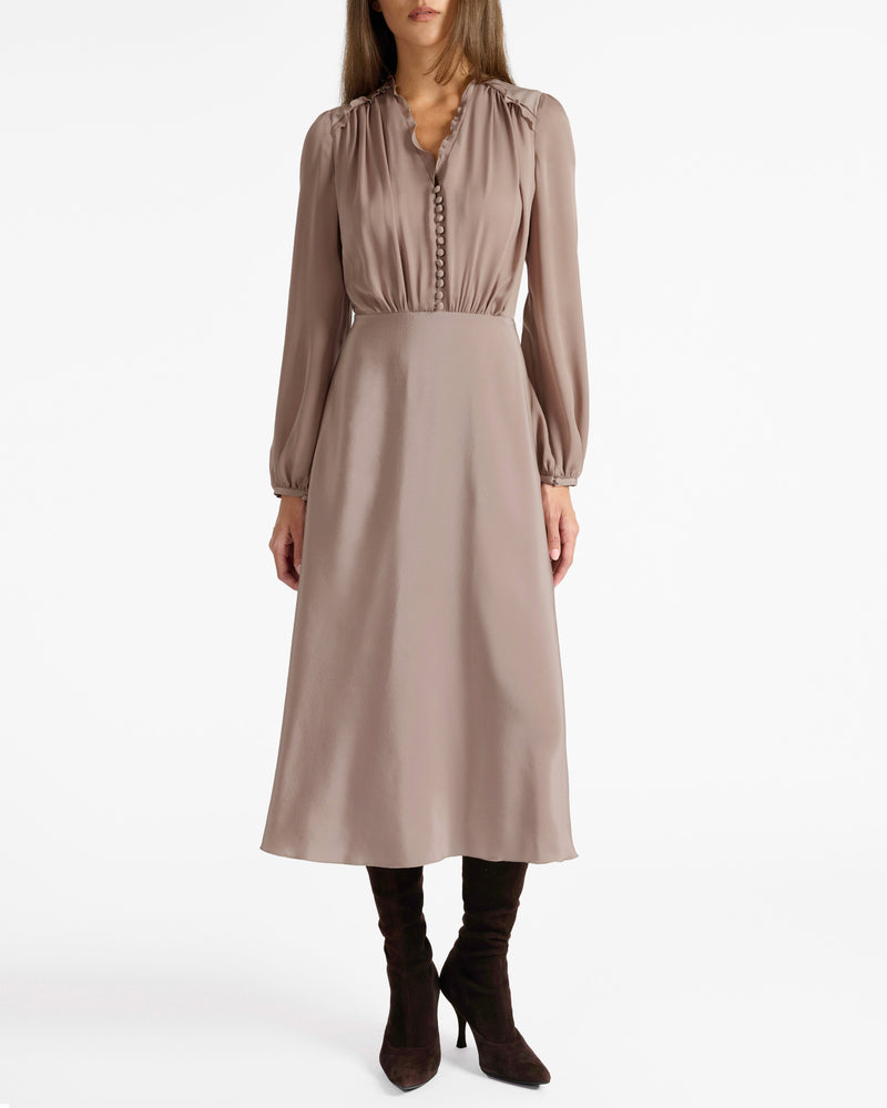 Santorelli - Amal Silk Long Sleeve Fit and Flare Midi Dress Dusty Mauve / 52 Santorelli - Amal Silk Long Sleeve Fit and Flare Midi Dress Dusty Mauve / 52