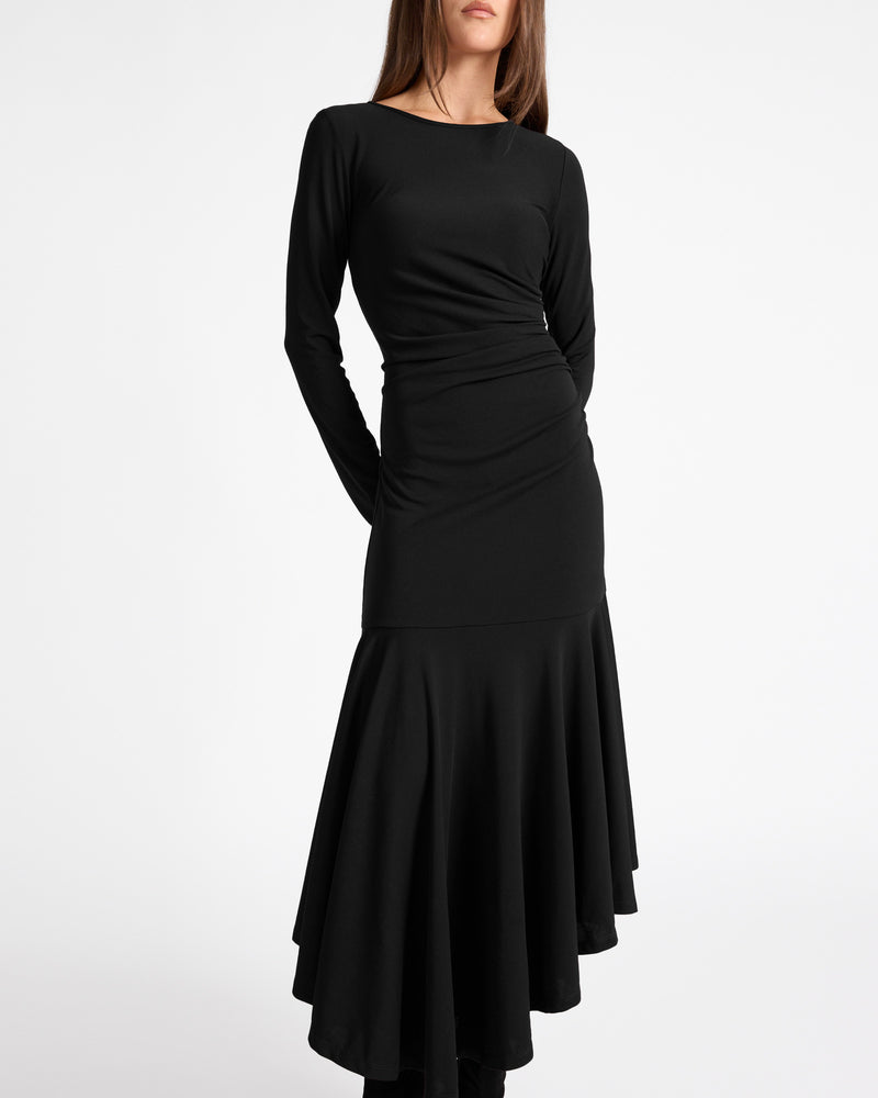 ABIGAIL Long Sleeve Hi Lo Dress with Side Ruching in Fluid Jersey