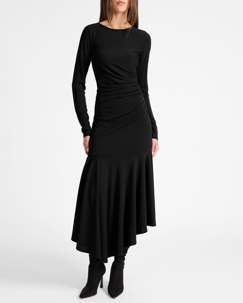 ABIGAIL Long Sleeve Hi Lo Dress with Side Ruching in Fluid Jersey