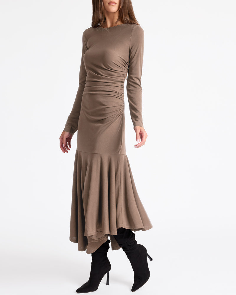 ABIGAIL Long Sleeve Hi Lo Dress with Side Ruching in Fluid Jersey