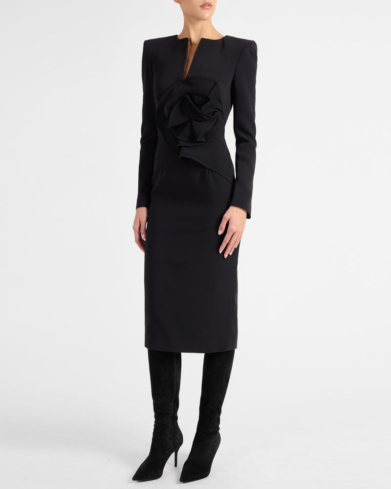 MAYA Long Sleeve Midi Dress with Dramatic Floral Applique in Stretch Crepe