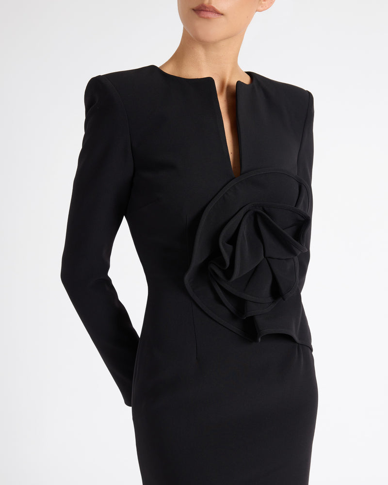 MAYA Long Sleeve Midi Dress with Dramatic Floral Applique in Stretch Crepe