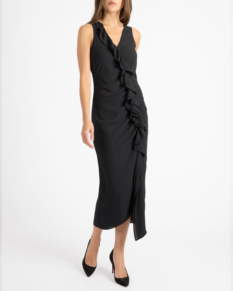 TATE Sleeveless Midi Dress with Asymmetric Ruffle Panels in Fluid Crepe