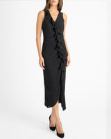 TATE Sleeveless Midi Dress with Asymmetric Ruffle Panels in Fluid Crepe