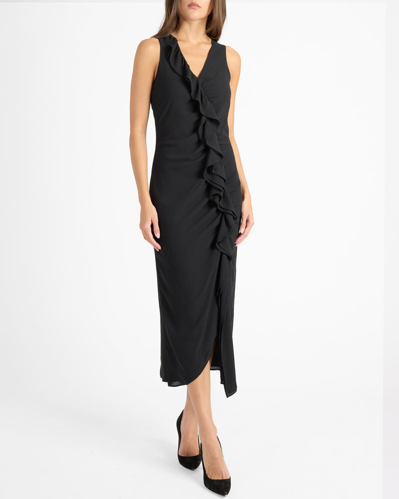 TATE Sleeveless Midi Dress with Asymmetric Ruffle Panels in Fluid Crepe