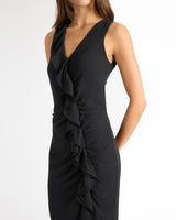TATE Sleeveless Midi Dress with Asymmetric Ruffle Panels in Fluid Crepe