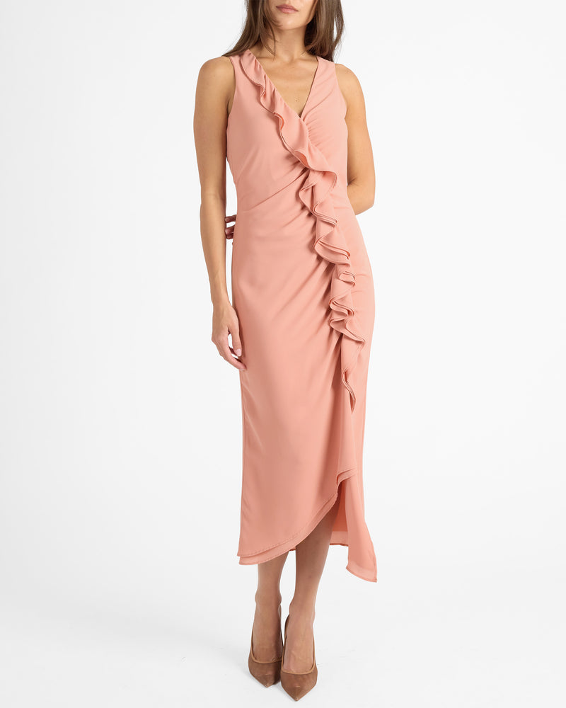 TATE Sleeveless Midi Dress with Asymmetric Ruffle Panels in Fluid Crepe