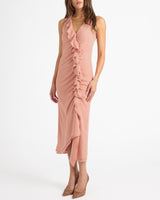 TATE Sleeveless Midi Dress with Asymmetric Ruffle Panels in Fluid Crepe