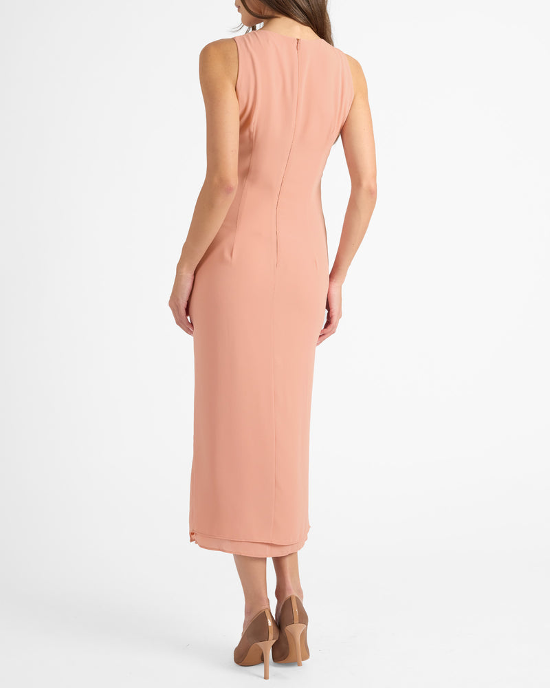 TATE Sleeveless Midi Dress with Asymmetric Ruffle Panels in Fluid Crepe