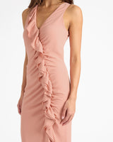 TATE Sleeveless Midi Dress with Asymmetric Ruffle Panels in Fluid Crepe