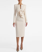 MAYA Long Sleeve Midi Dress with Dramatic Floral Applique in Stretch Crepe