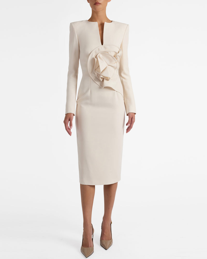 MAYA Long Sleeve Midi Dress with Dramatic Floral Applique in Stretch Crepe