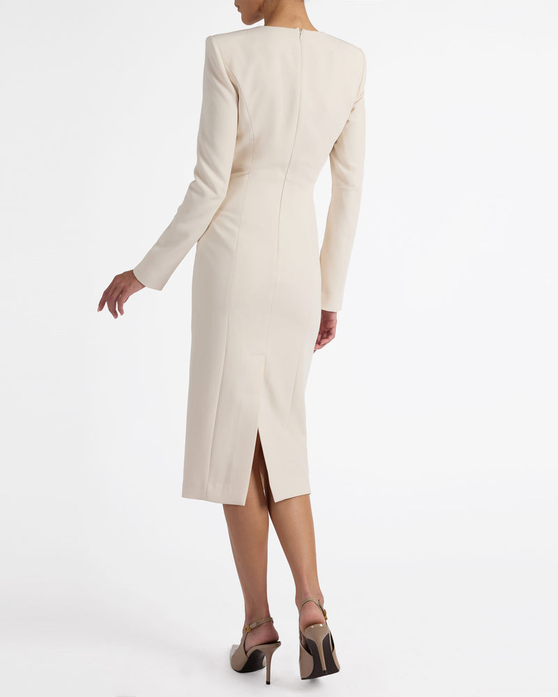 MAYA Long Sleeve Midi Dress with Dramatic Floral Applique in Stretch Crepe