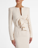 MAYA Long Sleeve Midi Dress with Dramatic Floral Applique in Stretch Crepe