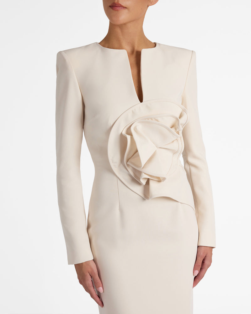 MAYA Long Sleeve Midi Dress with Dramatic Floral Applique in Stretch Crepe