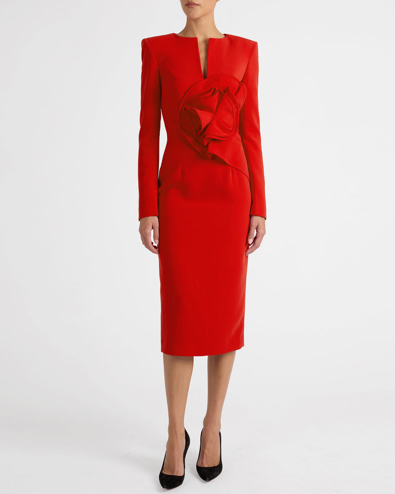 MAYA Long Sleeve Midi Dress with Dramatic Floral Applique in Stretch Crepe