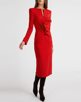 MAYA Long Sleeve Midi Dress with Dramatic Floral Applique in Stretch Crepe