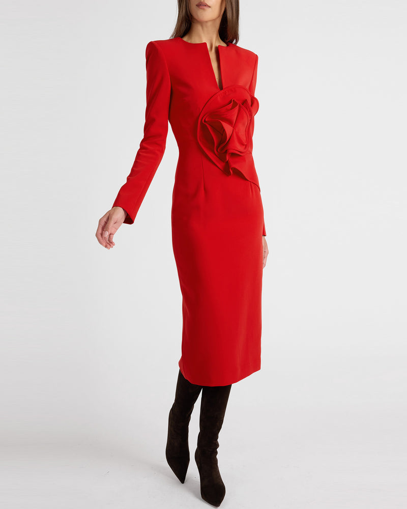 MAYA Long Sleeve Midi Dress with Dramatic Floral Applique in Stretch Crepe