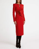 MAYA Long Sleeve Midi Dress with Dramatic Floral Applique in Stretch Crepe