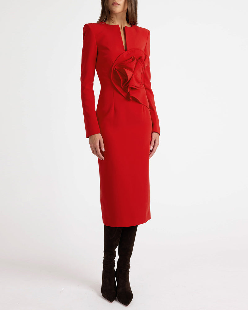 MAYA Long Sleeve Midi Dress with Dramatic Floral Applique in Stretch Crepe