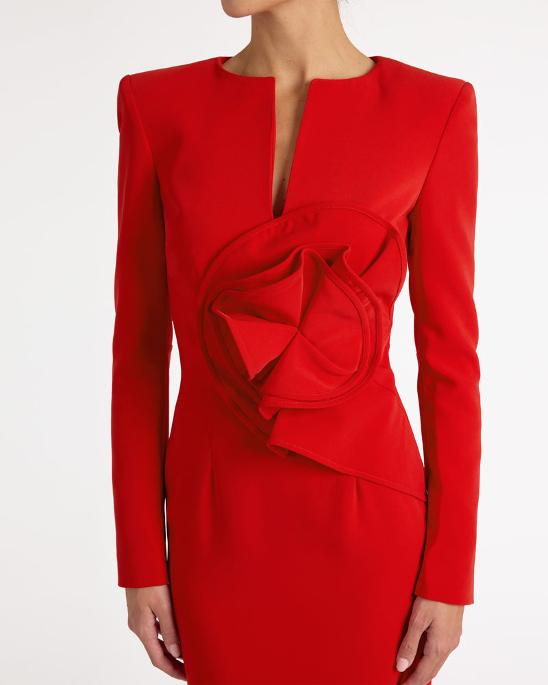 long sleeve midi red dress Santorelli Maya Long Sleeve Midi Dress With Floral Applique