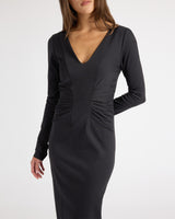 WILLA Long Sleeve Midi Dress with Tuck Detail in Punto Milano