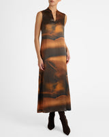 NICOLE Sleeveless Midi Shift Dress in Printed Silk Charmeuse