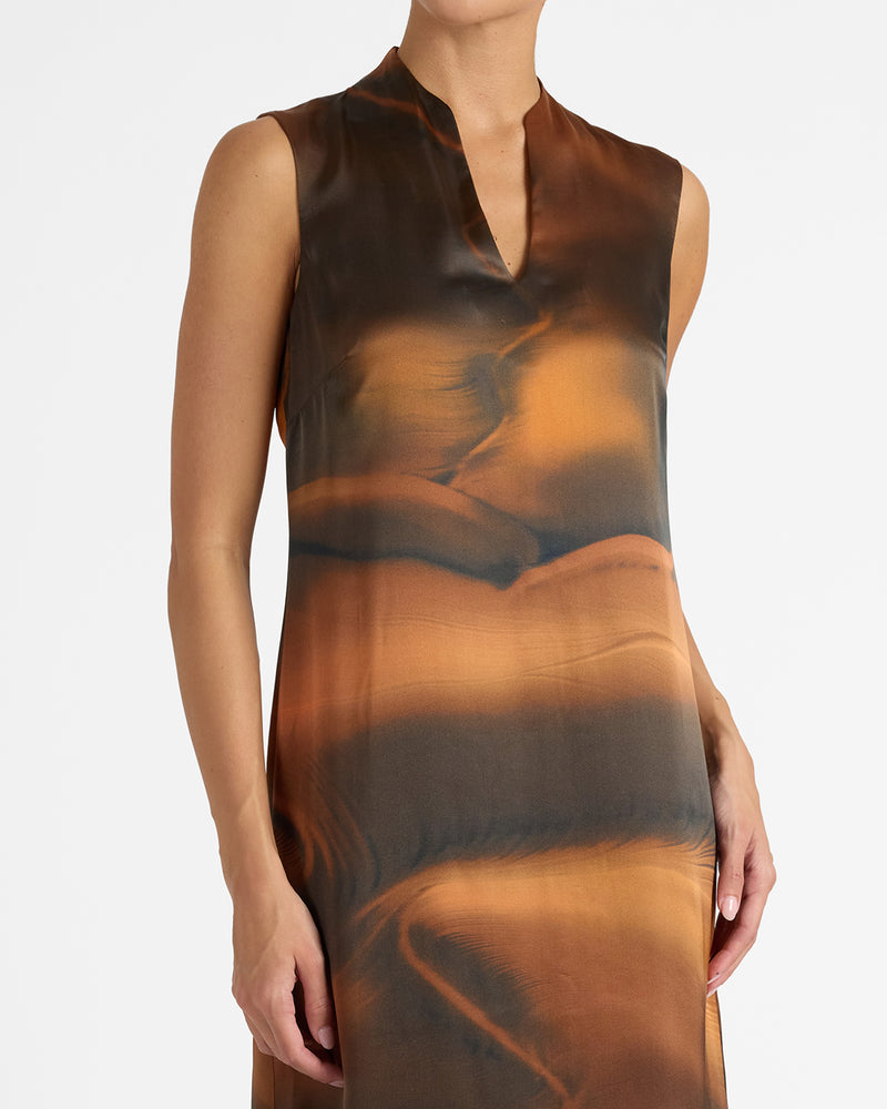 NICOLE Sleeveless Midi Shift Dress in Printed Silk Charmeuse