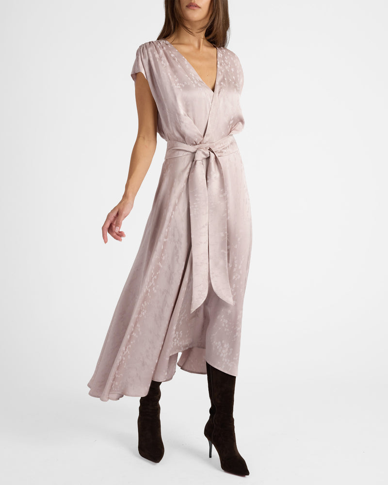 TALIA Cap Sleeve Midi Fit and Flare Dress in Tonal Jacquard
