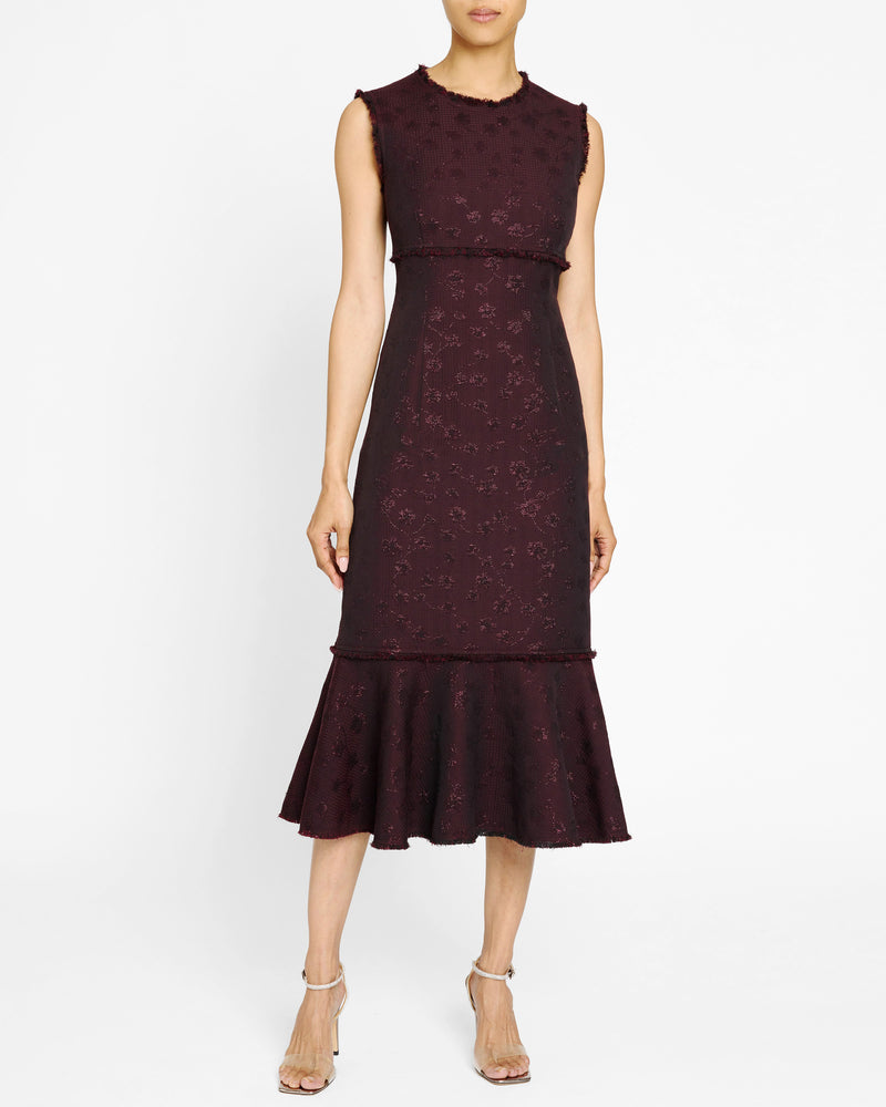 ANDI Midi Sheath Dress with Flared Skirt Panel in Tonal Jacquard