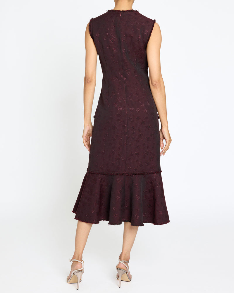 ANDI Midi Sheath Dress with Flared Skirt Panel in Tonal Jacquard
