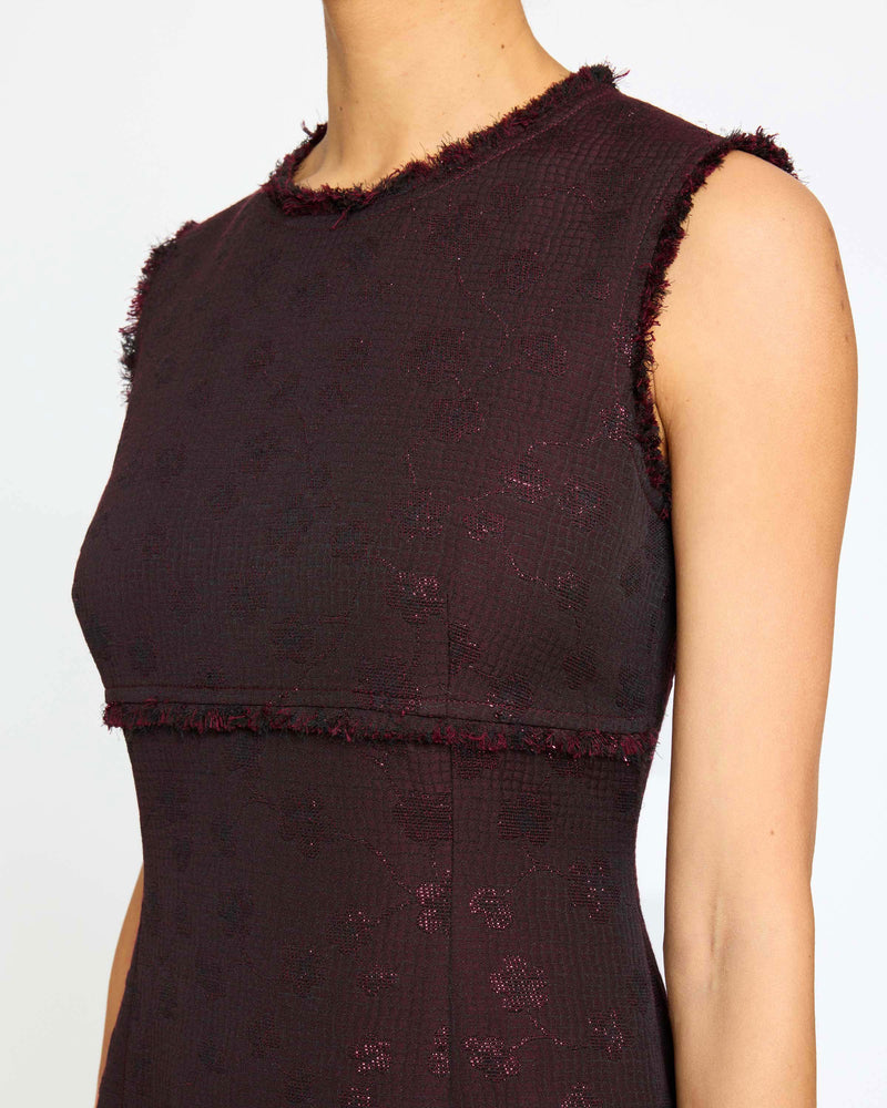 ANDI Midi Sheath Dress with Flared Skirt Panel in Tonal Jacquard