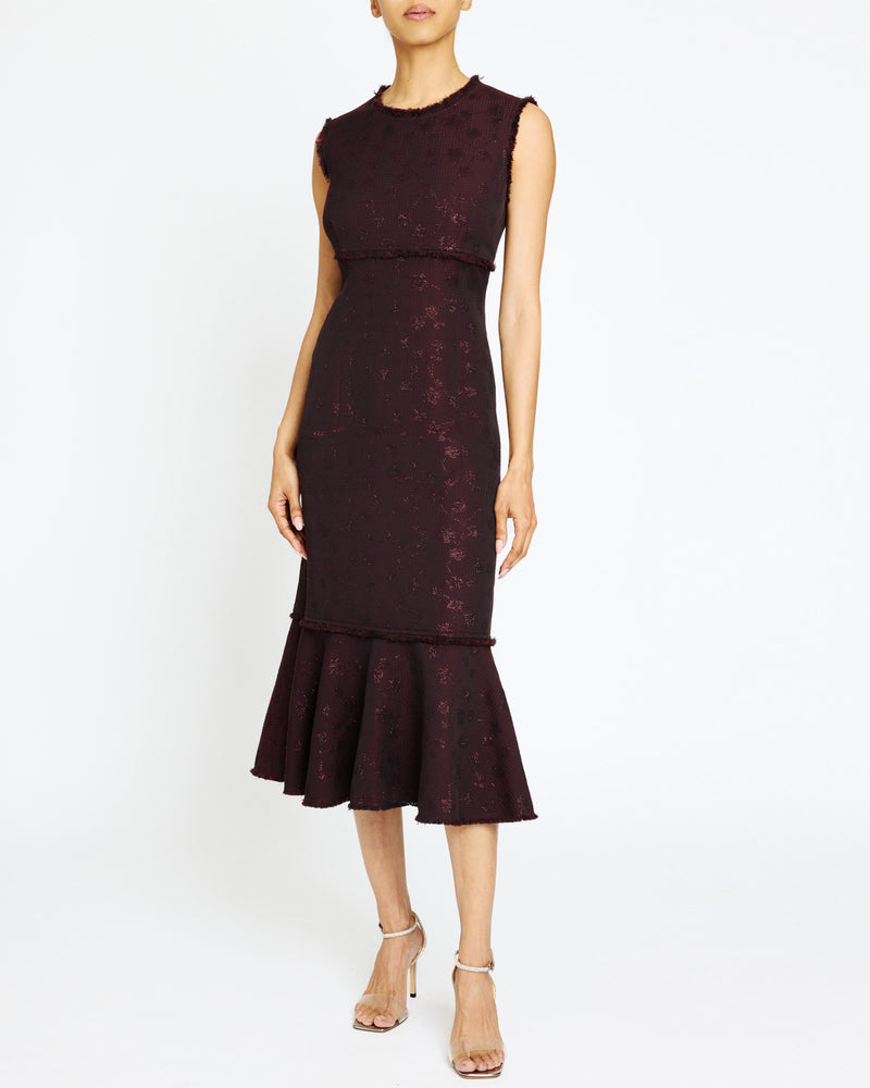 ANDI Midi Sheath Dress with Flared Skirt Panel in Tonal Jacquard