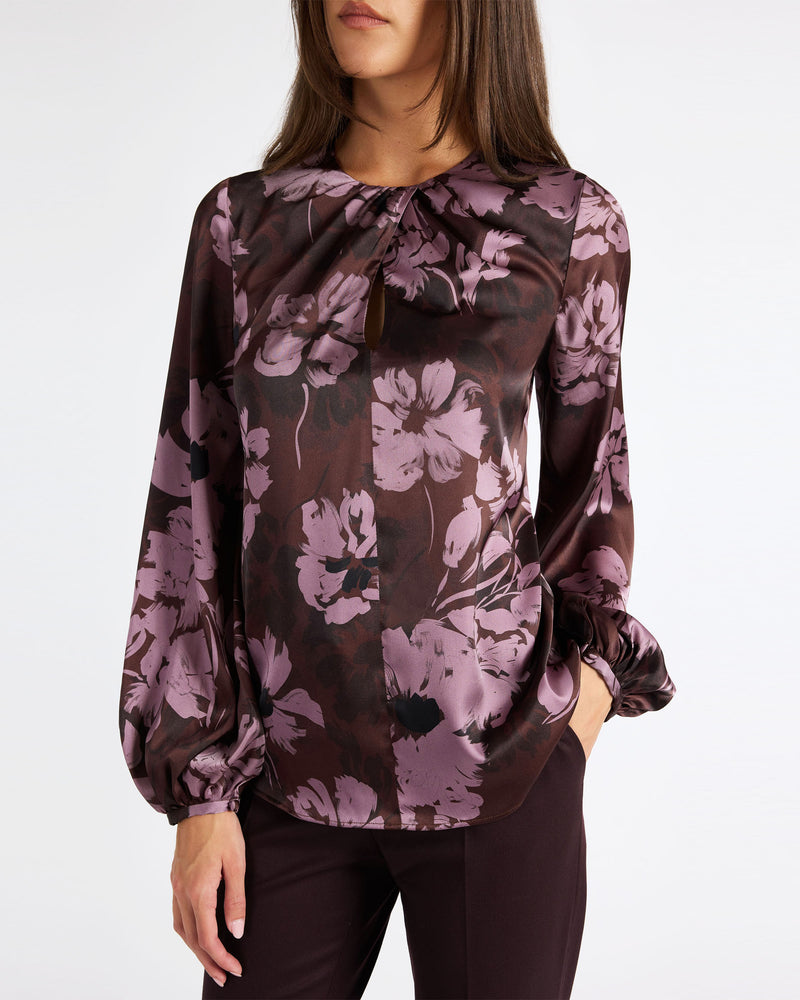 ELENA Long Sleeve Twist Neck Blouse in Floral Twill Crepe