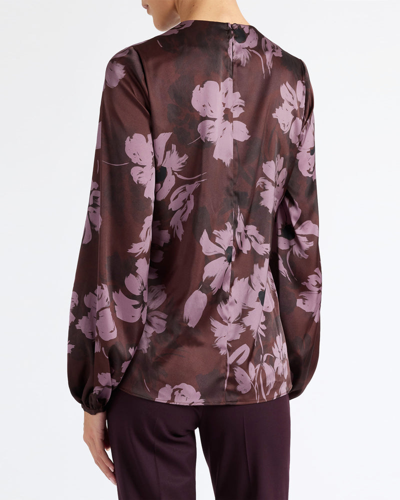 ELENA Long Sleeve Twist Neck Blouse in Floral Twill Crepe