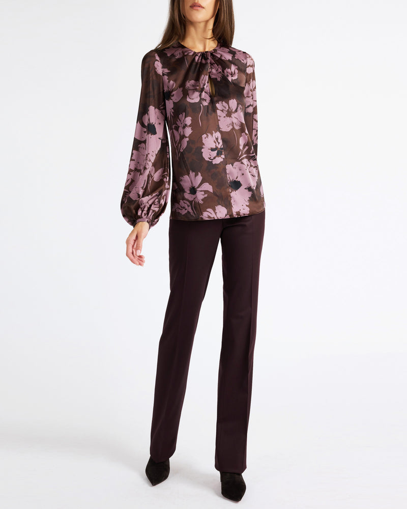 ELENA Long Sleeve Twist Neck Blouse in Floral Twill Crepe