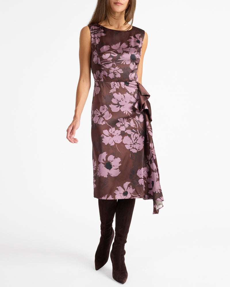 NICA Sleeveless Dress with Side Ruffle in Floral Twill Crepe
