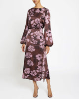 PARKER Fit and Flare Midi Dress with Lantern Sleeves in Floral Twill Crepe